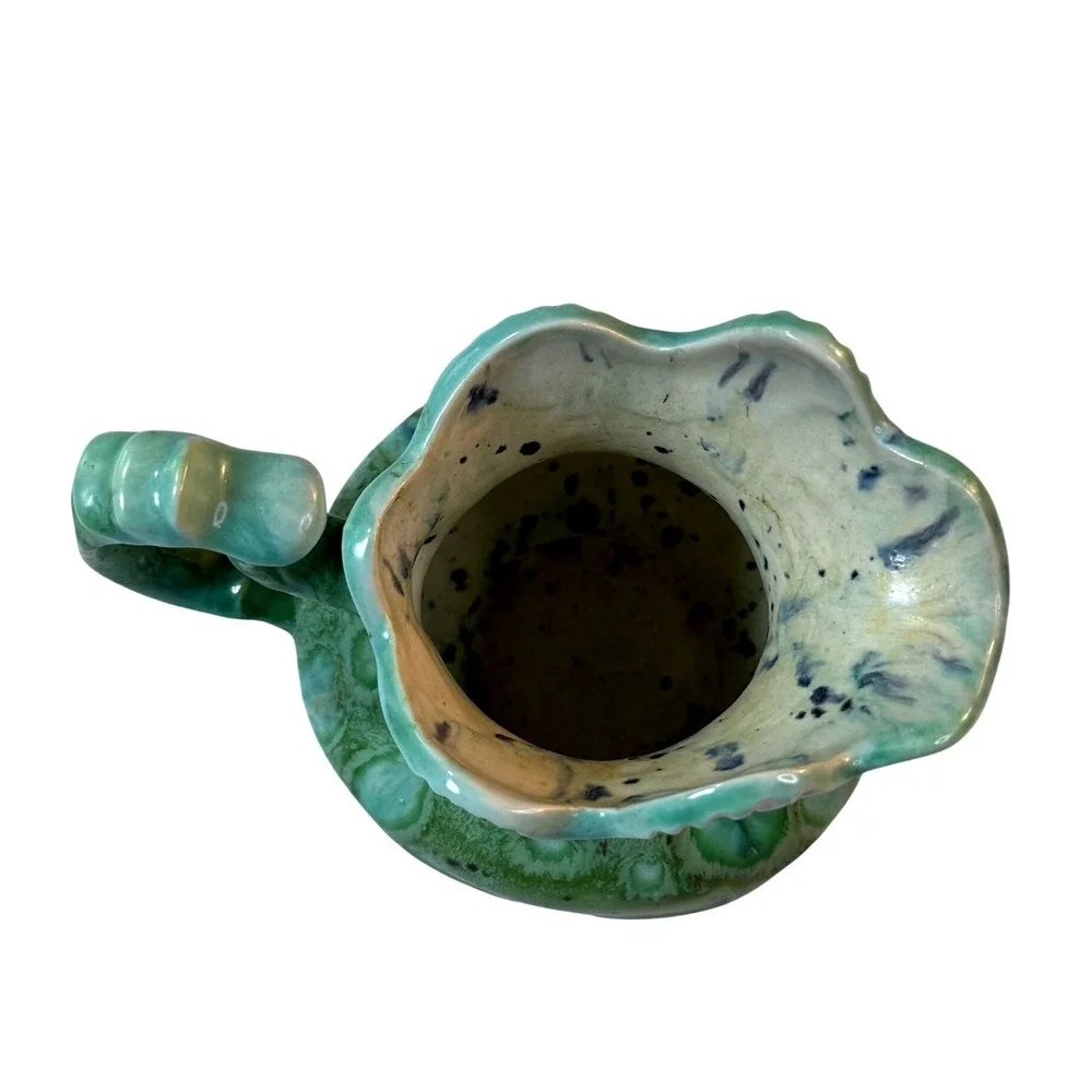 Vintage Studio Pottery Pitcher Green Drip Glaze Ewer Scalloped‎ Cottagecore